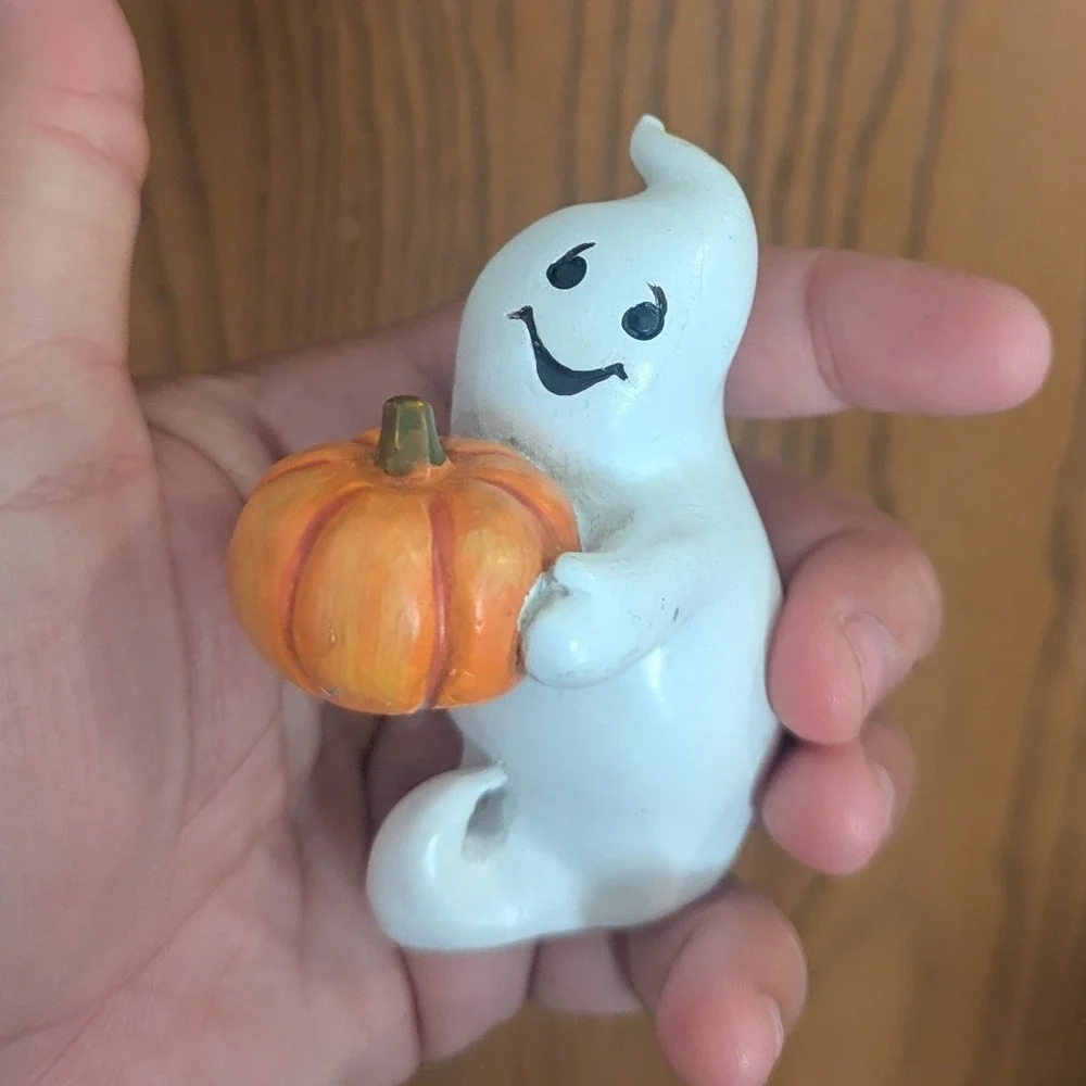 VTG Halloween Ghost Figurine w/ Pumpkin Small Spooky Seasonal Decor White Orange